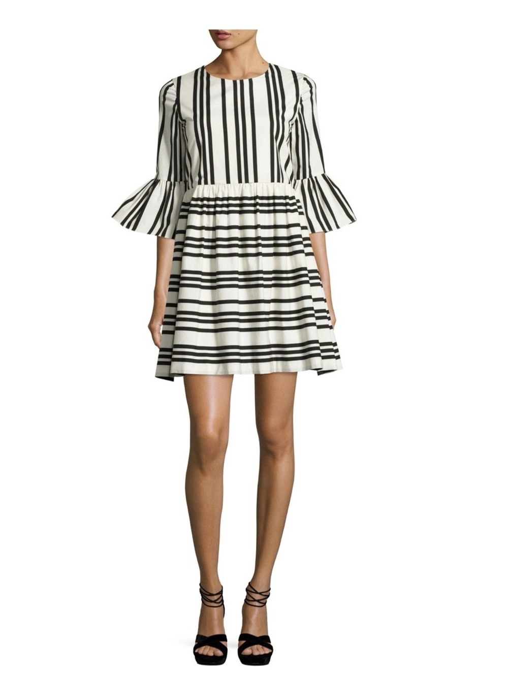 Alice + Olivia Black & White Striped Bell Sleeve Dress